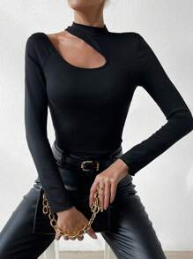 SHEIN Privé Của phụ nữ Cắt ra Tay Raglan Áo thun - màu đen - Xem 1
