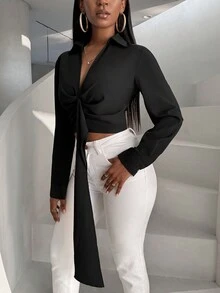 SHEIN Lady Women's Solid Color Pleated Lace Shirt - Black - View 4