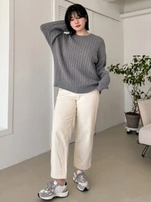 Dazy Petite Plus NỮ Màu thuần Vòng cổ Tay áo dài Áo chui đầu Áo len - Xám - Xem 4