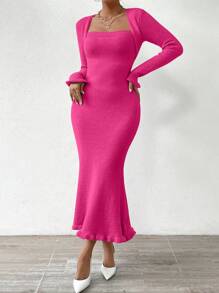 SHEIN Privé 優雅的魚尾搭扣長袖方領毛衣裙 - 玫紅色 - 查看 3