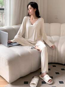 DAZY Lace Patchwork Long Sleeve Pajama Set