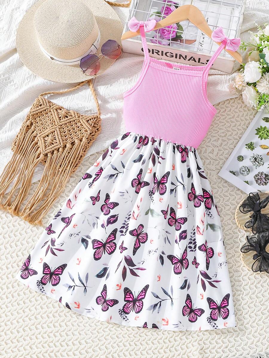 SHEIN Cô gái Tween Loại bướm In Vá lại Dây đeo Mì Ý  Đầm - Màu Hồng baby - Xem 1