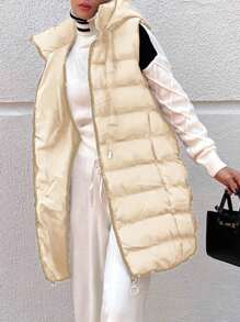 EURMUSE Women's Sleeveless Hooded Zipper Quilted Jacket - Beige - View 1
