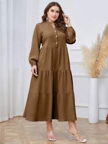 Mulvari Plus Size Women's Long Sleeves Ruffle Hem Dress Maxi Women Outfit Fall Cloth For Women - Brown - View 3