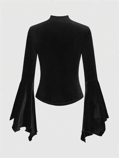 Goth Women's Velvet Bell Sleeve Tie Front T-shirt