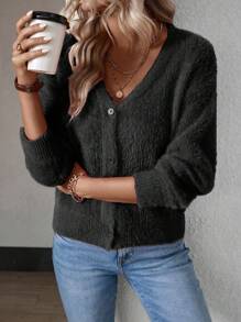 EMERY ROSE Short Cut Mink Hair V-Neck Cardigan,Long Sleeve Tops Fall Winter Cloth For Women - Black - View 6