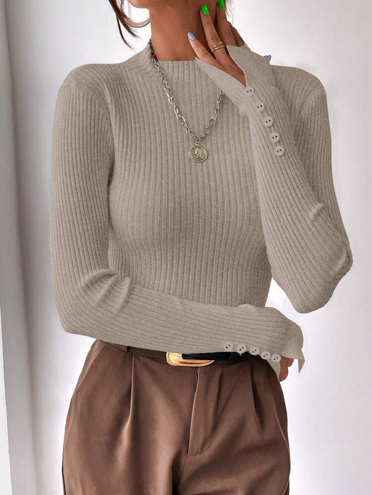 Mock Neck Ribbed Knit Split Cuff Sweater,Long Sleeve Tops In Fall/Winter