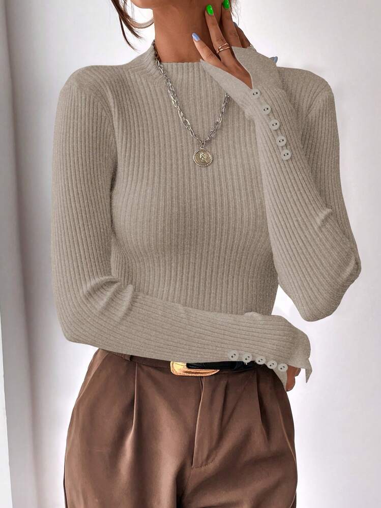 BizChic Mock Neck Ribbed Knit Split Cuff Sweater,Long Sleeve Tops In Fall/Winter - Camel - View 1