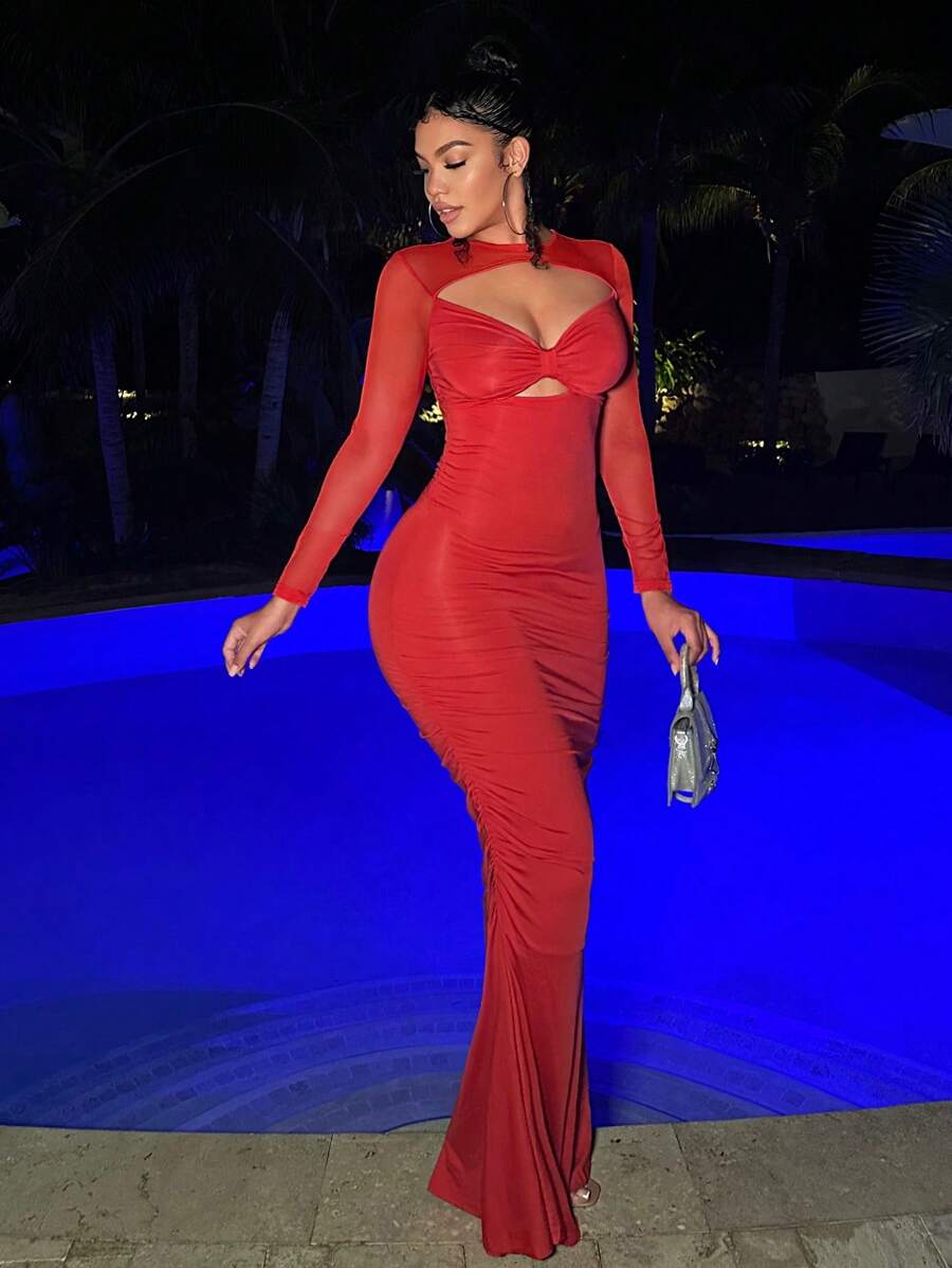 SHEIN SXY 新年除夕礼服新年女士装情人节礼服扭纹前镂空网眼撞色优雅长款派对礼服 - 紅色 - 查看 1