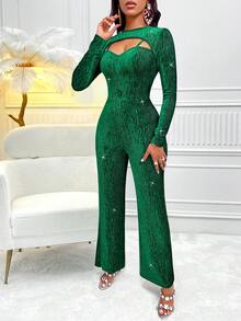 AIJ Bộ đồ liền thân dài tay nhung trơn màu gợi cảm 2 trong 1 cho nữ mùa thu đông 2024 dành cho tiệc Giáng sinh, tiệc Gala, tiệc cocktail - màu xanh lá - Xem 2