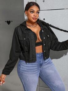 SHEIN Essnce 大尺碼帶束口帽單排釦保暖牛仔外套 - 黑色 - 查看 3