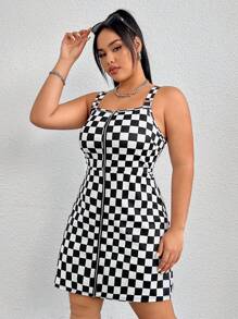 SHEIN EZwear Của phụ nữ Kích thước lớn Kẻ sọc In Dây kéo mặt trước Dây đeo Mì Ý  Đầm - Đen và trắng - Xem 4