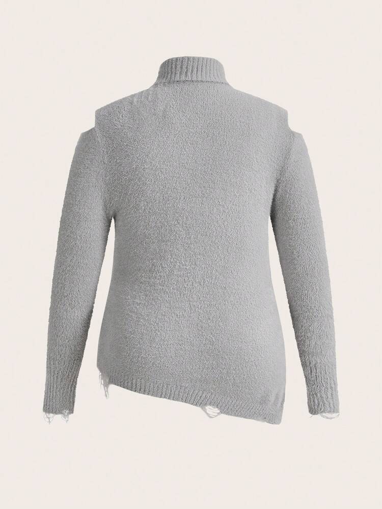 Plus Turtleneck Cut Out Shoulder Asymmetrical Split Hem Distressed Trim Sweater