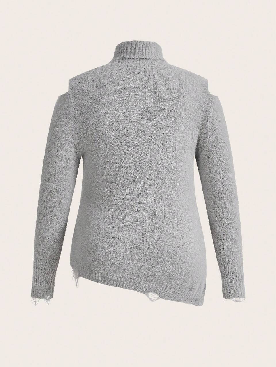 Plus Turtleneck Cut Out Shoulder Asymmetrical Split Hem Distressed Trim Sweater