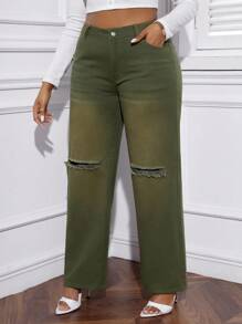 SHEIN EZwear 大尺碼女用破洞鬍鬚細節直筒牛仔褲 - 軍綠色 - 查看 3