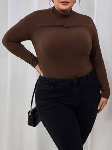 SHEIN Essnce Plus Size Tee With Double-ended Zipper Design - Brown - View 3