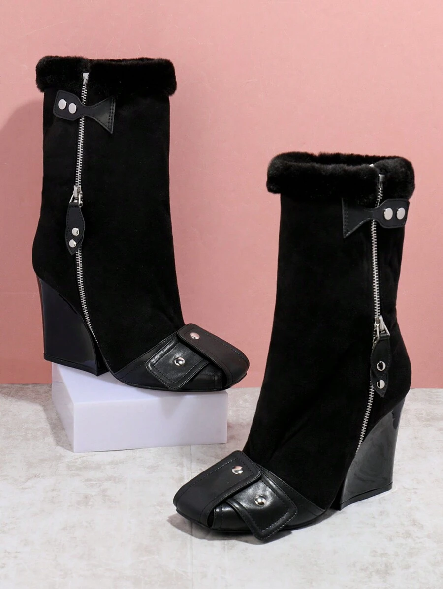 SHUZIA Women's Solid-Colored Side-Zipper All-Match Chunky Heel Platform Boots - Black - View 1