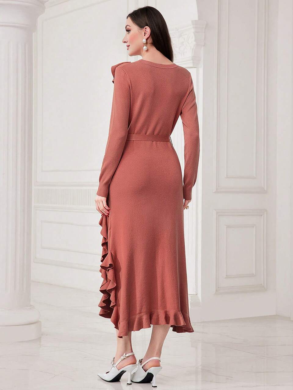 Ruffle Trim Decorated Long Sleeve Sweater Dress Fall Cloth For Women