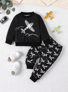 男嬰秋冬噴射機趣味印花休閒服裝 - 黑色 - 查看 1