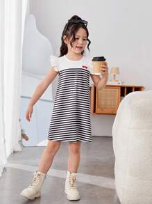 SHEIN 女童運動甜美針織條紋洋裝 - 白色 - 查看 7