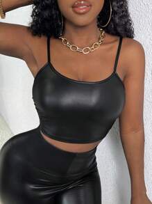 Slaydiva 2024 Sexy Music Festival/Rave Streetwear For Women, Gyaru Casual Bodycon Basic Fitted PU Material Cami Crop Top For Women, Suitable For Dates, Home