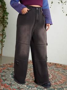 ROMWE PUNK Kích thước lớn Của phụ nữ Cargo Phong cách Quần denim Với Túi - màu đen - Xem 4