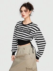 ROMWE Grunge Punk Sudadera De Manga Larga Con Cuello Redondo Y Rayas Para Mujer