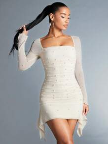 SHEIN BAE Asymmetrical Hem Pearl Studded Dress,White Graduation Dress - Apricot - View 5