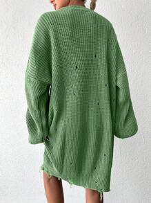 EURMUSE Drop Shoulder Distressed Jumper Without Belt - Green - View 2