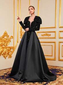 Faeriesty Đầm dự tiệc sang trọng tay dài bằng vải satin sequin tương phản - màu đen - Xem 4