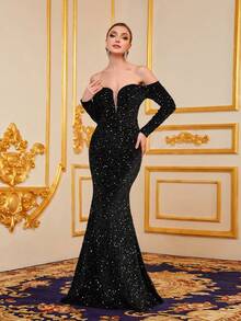 Faeriesty Đầm dự tiệc sang trọng tay dài bằng vải satin sequin tương phản - màu đen - Xem 5