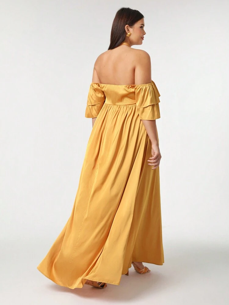 Designer Plus Asymmetrical Neck Ruffle Trim Split Thigh Dress, Summer Elegant Dress Outfit For Holiday, Party, Birthday Outfits, Festival, Wedding, Prom Dress