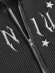 ROMWE PUNK Plus Letter Embroidery Zip Up Hooded Cardigan - Dark Grey - View 4