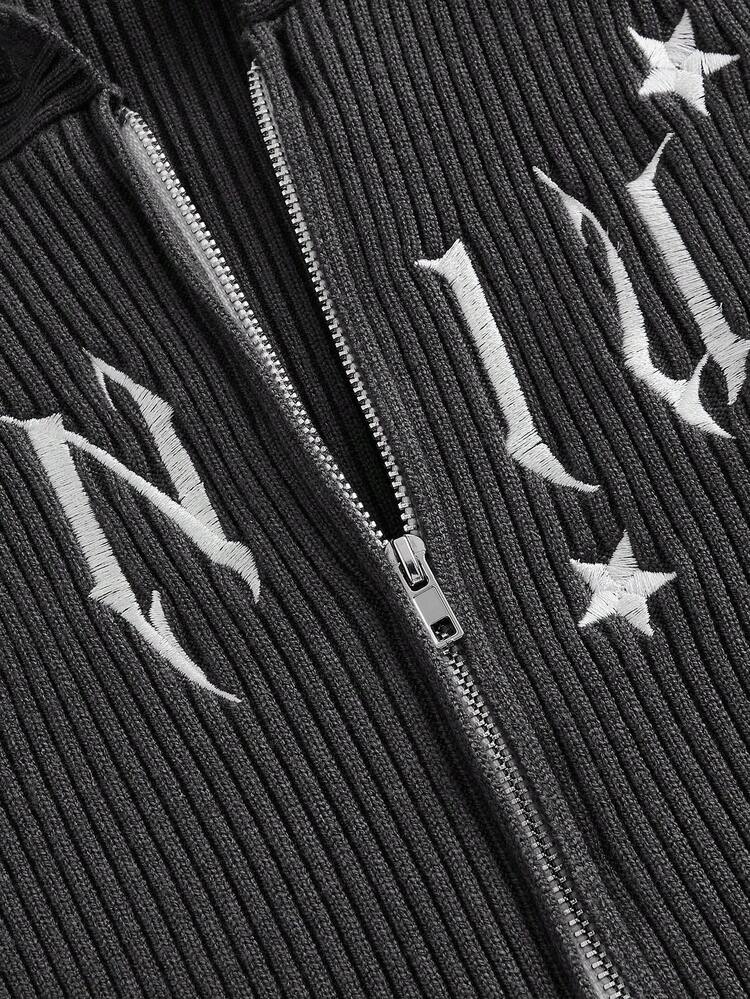 Plus Letter Embroidery Zip Up Hooded Cardigan