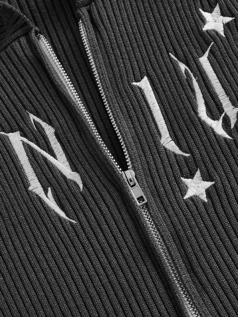 Plus Letter Embroidery Zip Up Hooded Cardigan