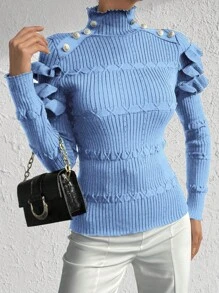 EURMUSE Jersey con diseño de botón ribete con fruncido de cuello alto - Celeste - Ver 4