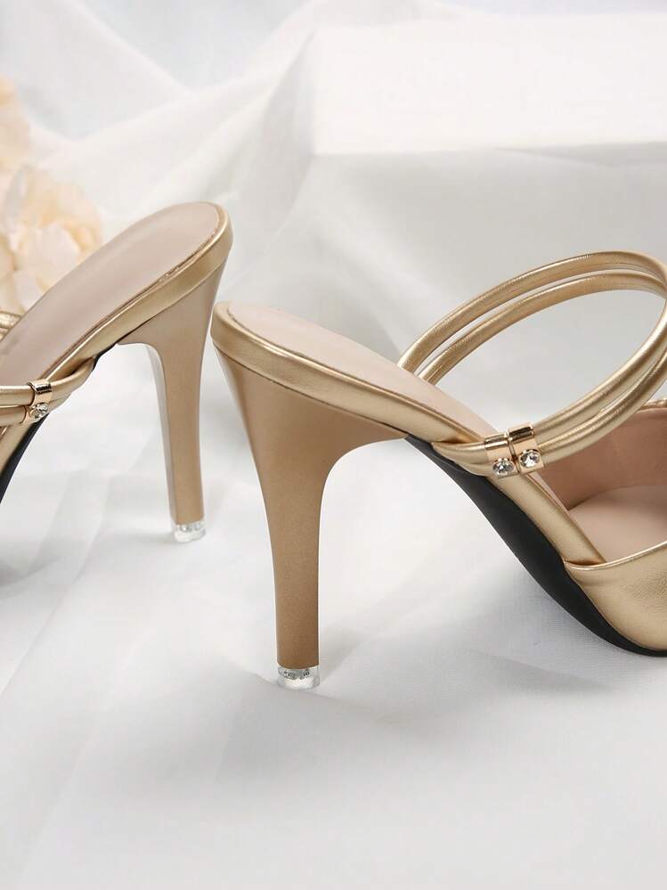 Décolleté con tacco alto stile francese per donna, nuovi sandali eleganti con punta a punta e cinturino con paillettes color oro adatti per l'estate, design sexy adatto per casual, appuntamenti, pendolarismo, feste aziendali, eventi, eleganti, mules - Dorato - Visualizzare 7