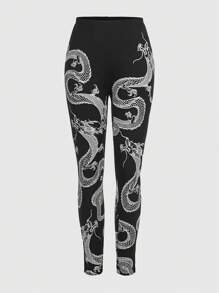 ROMWE Grunge Punk Chinese Dragon Printed Leggings - Black - View 1