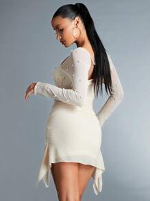 SHEIN BAE Asymmetrical Hem Pearl Studded Dress,White Graduation Dress - Apricot - View 2