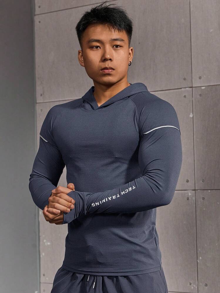 Manfinity Sport Corelite Boyfriend Style Men's Sports Tight Hooded Sweatshirt Boyfriend Style Men Sweatshirt Workout Tops Fall Breathable Compression Shirt Men - Dark Grey - View 5