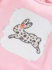 SHEIN Baby Girl Letter & Cartoon Graphic Ruffle Trim Tee & Flare Leg Pants Without Headband - Pink - View 6