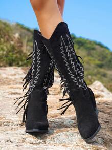 Styleloop Retro Western Style Embroidered Tassel Cowboy Boots Farm Boots Ranch Boots Riding Boots High Boots Motorcycle Boots - Black - View 5