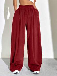 SHEIN Unity Pantalones De Piernas Anchas De Color Sólido Para Mujer - Rojo - Ver 3