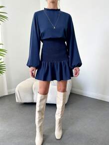 RueChic Vestido De Manga Lanterna Com Detalhe De Franzido E Bainha Com Babado Para Mulheres - Azul Real - Ver 3