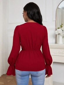 SHEIN LUNE Vá lại Thêu Vòng cổ Hoa Áo sơ mi - Đỏ - Xem 2