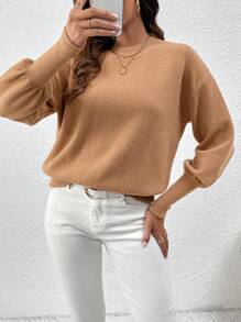 SHEIN LUNE Women's Drop Shoulder Solid Color Knit Pullover Fall Winter Sweater - Khaki - View 5