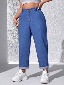 SHEIN EZwear Kích thước lớn Cao eo Quần denim Với Đường chéo Túi - Rửa tối - Xem 6