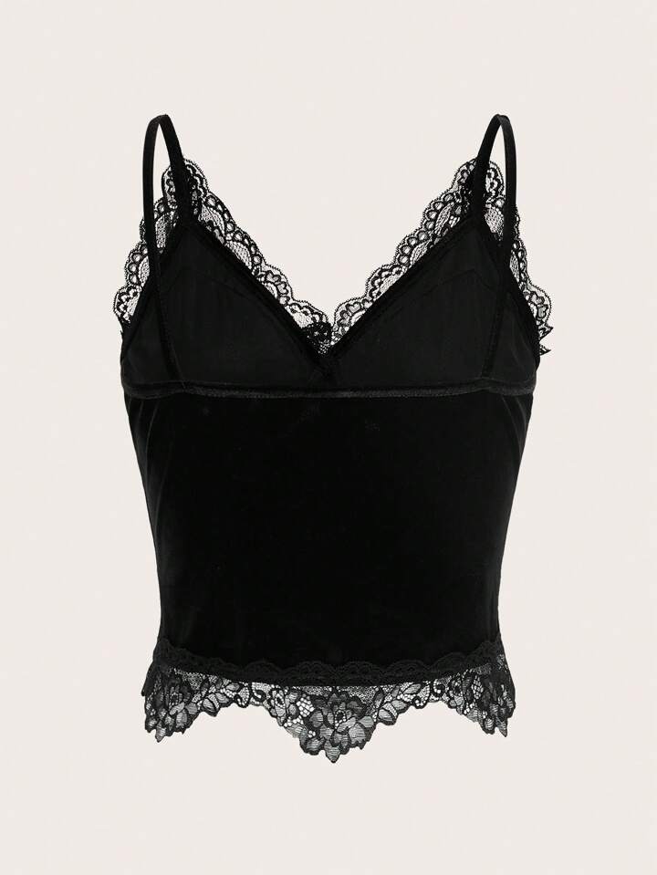 Our Gothic Sexy Velvet Cropped Tank Top With Lace Trim And Metal