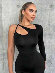 SHEIN SXY 女用不對稱領口緊身連身褲 - 黑色 - 查看 3