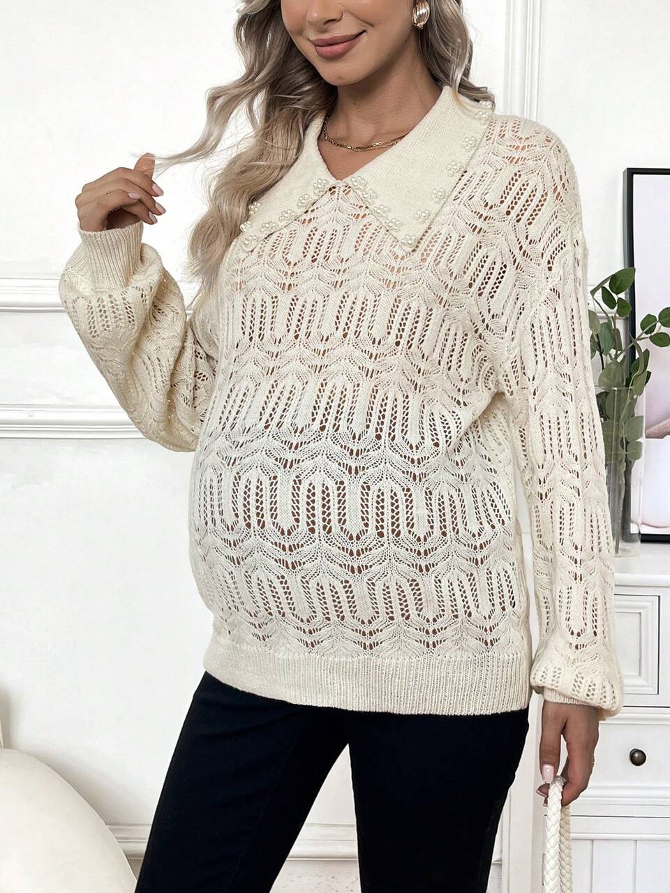 Maternity White Polka Dot Collared Sweater, For Winter